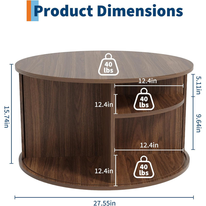 Table basse ronde 27,5 po, conception cannelée de style Mid-Century moderne avec porte coulissante, Noyer