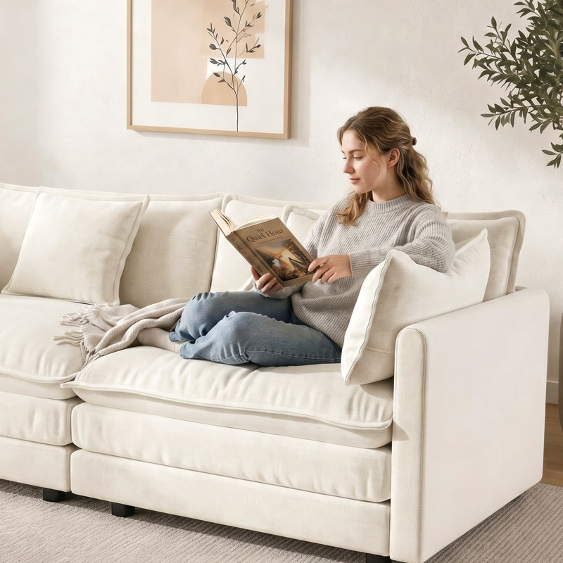 Canapé moderne en chenille avec 4 coussins - assise profonde, structure en bois massif, Chenille beige
