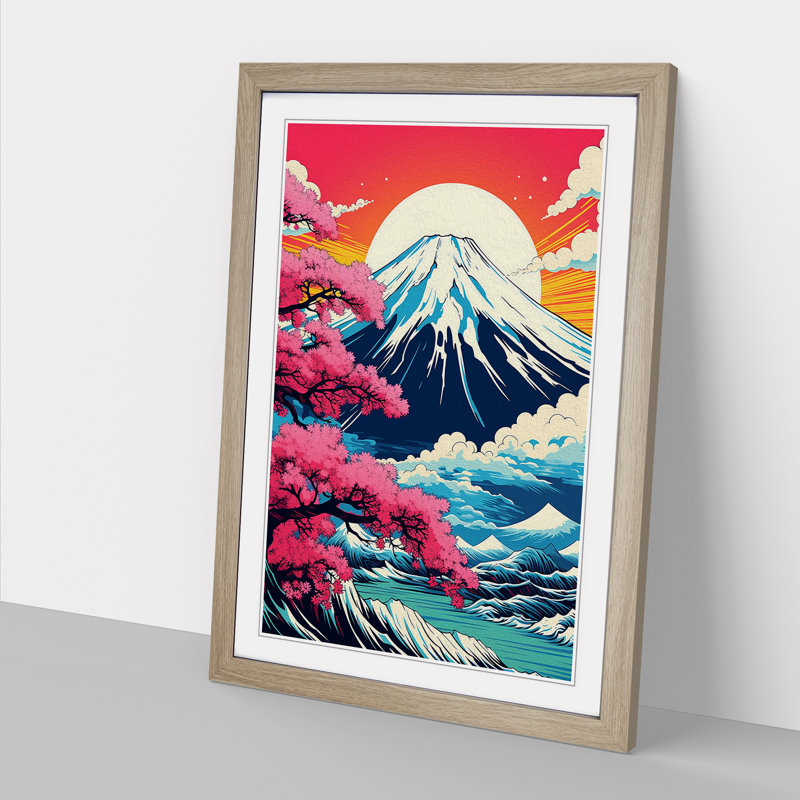 Mount Fuji Pop - Single Picture Frame Print on Wood, Oak, 64cm H x 46cm W x 2cm D