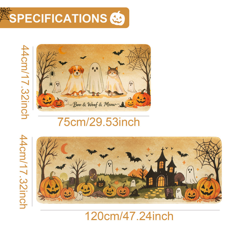 Tapis de cuisine d'Halloween (lot de 2) - Tapis et descente de lit fantômes pour chiens et chats