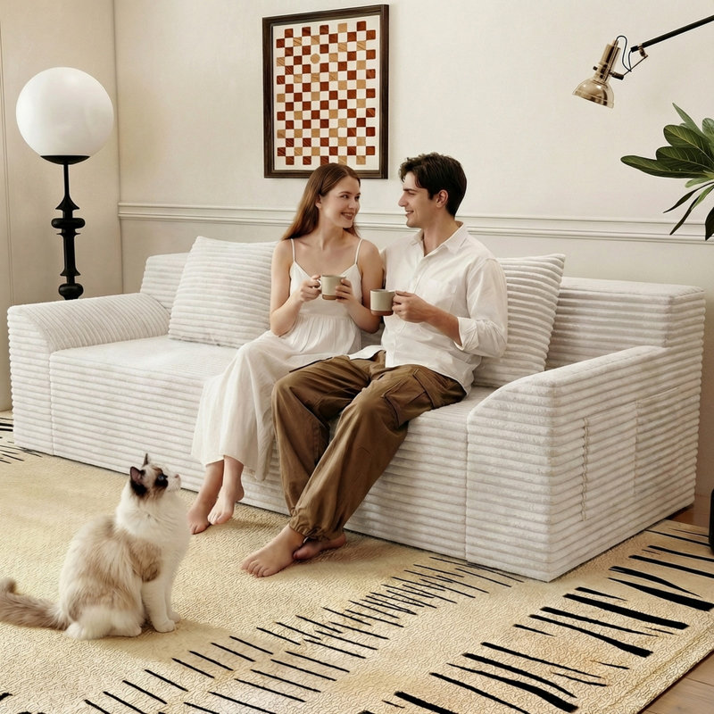 Boneless 71 Inch 3-Seater Sofa, Corduroy Fabric Deep Seat Couch, Comfy Loveseat Sofa No Assembly Required for Living Room, Bedroom, and Apartment(71 inch diagonal armrest)