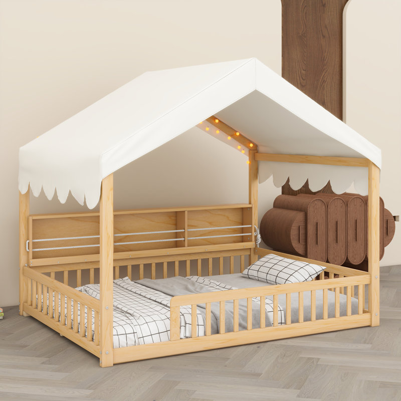 All-In-One Daybed With LED Lights, Bookshelf Storage, Fence & Dream Curtain, Natural/Beige