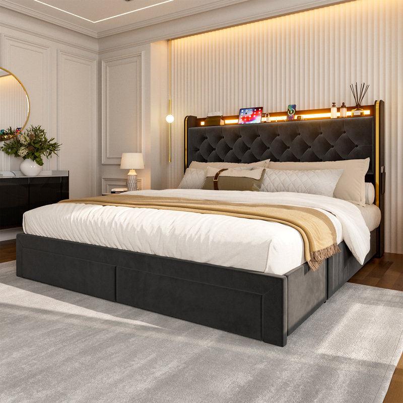  49.2" Tall King Size Bed Frame With 4 Storage Drawers, Velvet Upholstered Platform Bed With Wingback Storage Headboard, Led Lights & Charging Station, No Box Spring Needed, Noise Free, Black