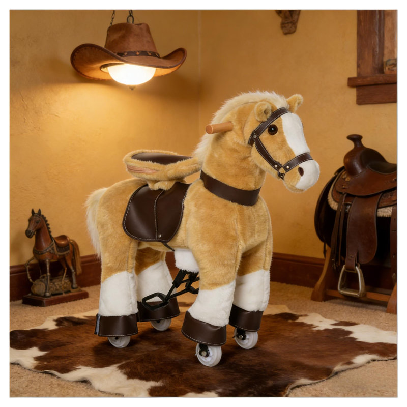 Cheval de marche brun clair avec roues et corps en peluche pour enfants