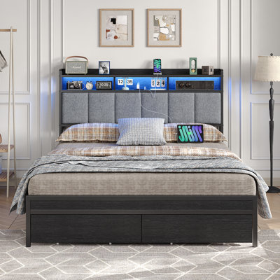 Upholstered Platform Bed Frame With Charging Station & Rgb Led Headboard, Bed Frame With 2 Storage Drawers, 2 Usb & 2 Ac Outlets, No Box Spring Needed by Wrought Studio