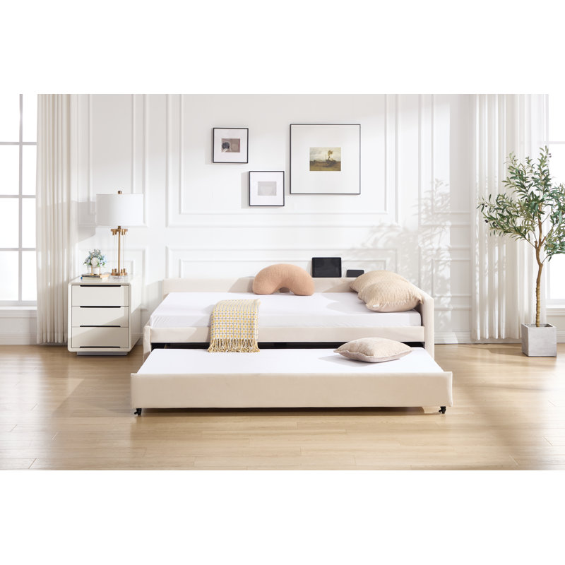 Full Size Upholstered Daybed with Twin Size Trundle, Sturdy Wooden Bed Frame, for Bedroom, Guest Room, Mattress not included, Beige