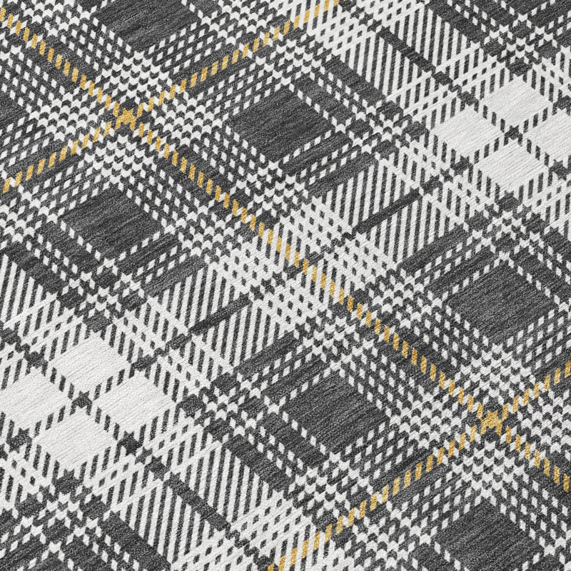 Charcoal Plaid Machine Washable Synthetic Indoor/Outdoor Rug