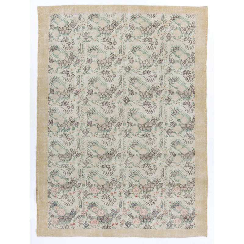 Tapis turc rétro à motif floral fabriqué à la main dans des couleurs douces