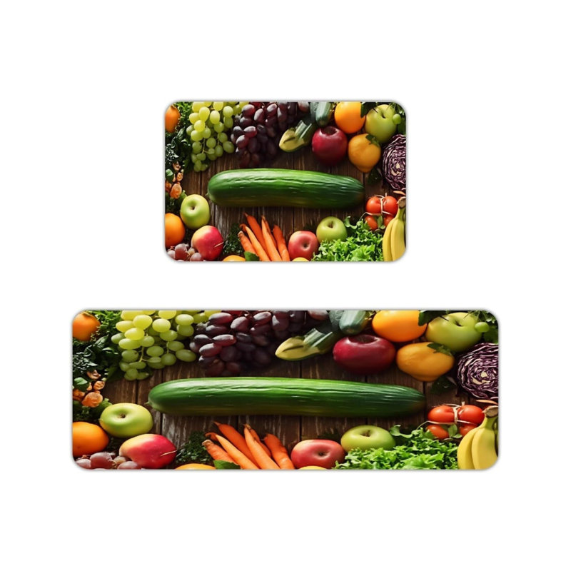 Fresh Fruit Vegetable Print Kitchen Rugs for Kitchen & Dining Room, Multicolor Home Decor 2-Piece Set