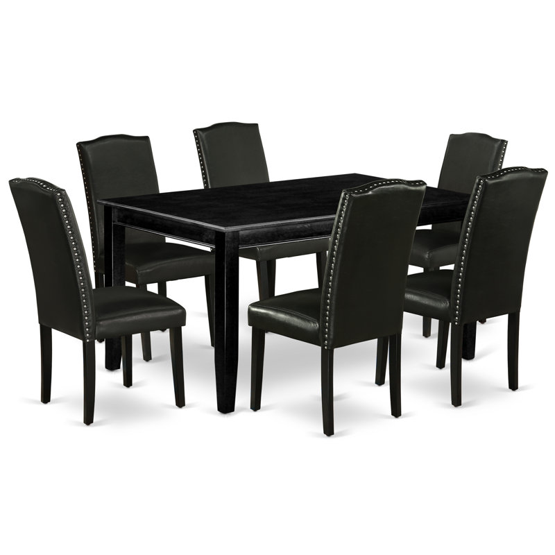 7 Piece Dining Table Set Consist of a Rectangle Kitchen Table and 6 Black Faux Leather Parson Dining Chairs, Black, Black