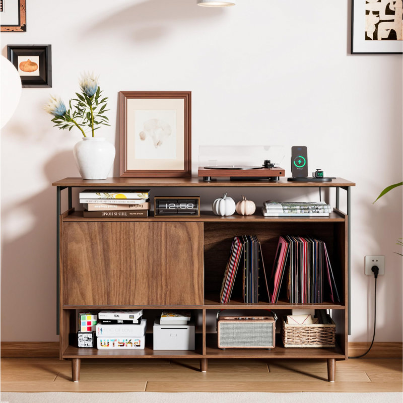 Large Record Player Stand With Charging Station, Holds 300 Albums, Walnut