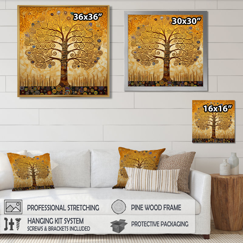 Art nouveau, arbre en spirale jaune - art mural arbre, H 16 po x l 16 po, Cadre flottant brun, bois massif