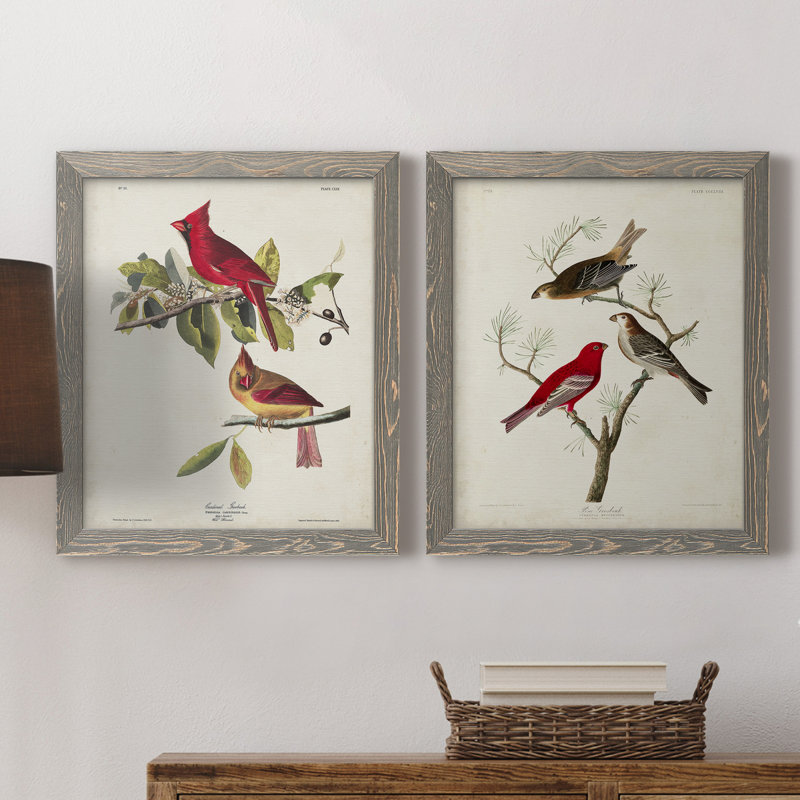 Pl 158 Cardinal Grosbeak - Ensemble de 2 reproductions d'art sur toile, Toile avec cadre gris, H 20 po x l 17 po x P 1 po