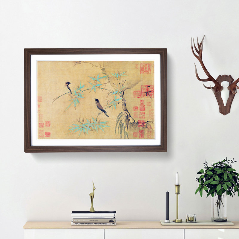 Finches on Bamboo by Zhao Ji - Picture Frame Art Print, Walnut Framed, 48cm H x 65cm W x 2cm D