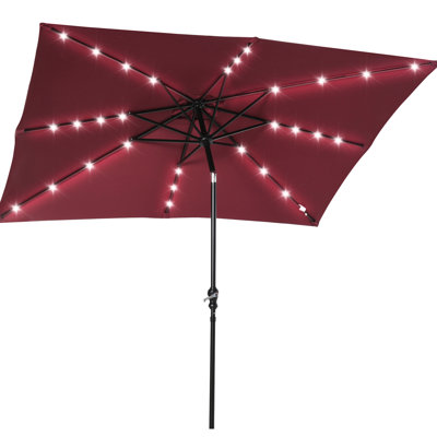 9' X 7' Led Lighted Patio Umbrella With Solar-powered, Tilt And Crank, Adorns Pool Backyard, Red Solar Led, & Elevates Patio, Garden, Deck, Pool,