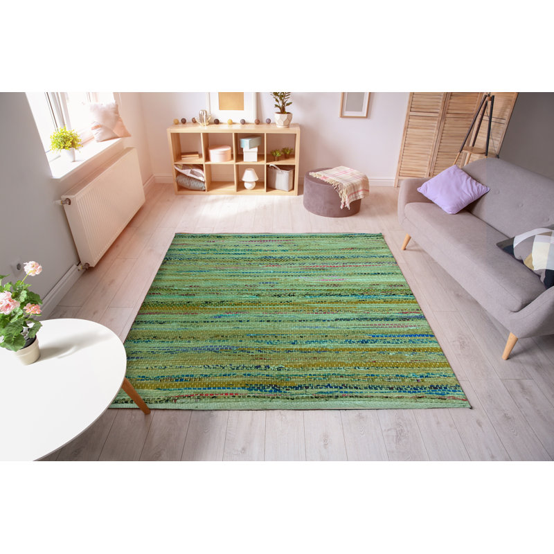 Tapis vert abstrait en coton fabriqué à la main Dhurrie, Rectangle 4 pi x 6 pi