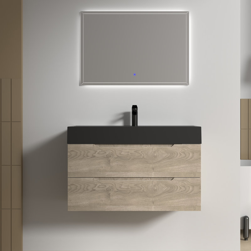 40" Single Bathroom Vanity Wall-mounted Floating vanities with Black Resin Stone Top,2 Drawers Modern for Small Bathroom, 40"