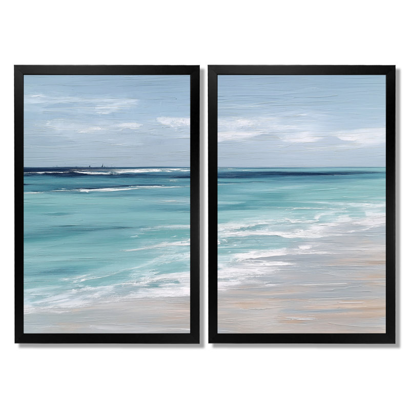 «Blue and White Coastal Beach Wonder», art encadré sur la plage, décoration murale bord de mer blanc 2 pièces, Noir