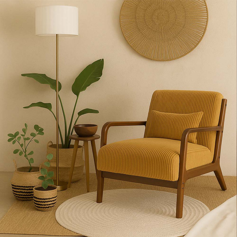 Corduroy Accent Chair, Wooden Frame Upholstered Armchair with Pillow, Yellow