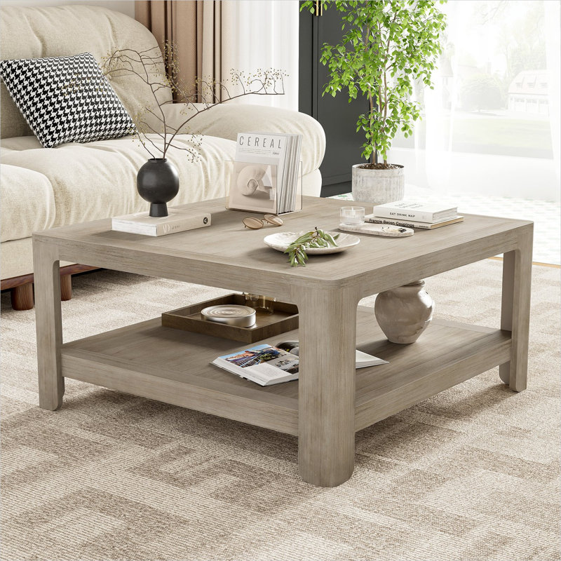 Table basse carrée avec finition gris ardoise et rangement à deux niveaux, idéale pour l'organisation du salon