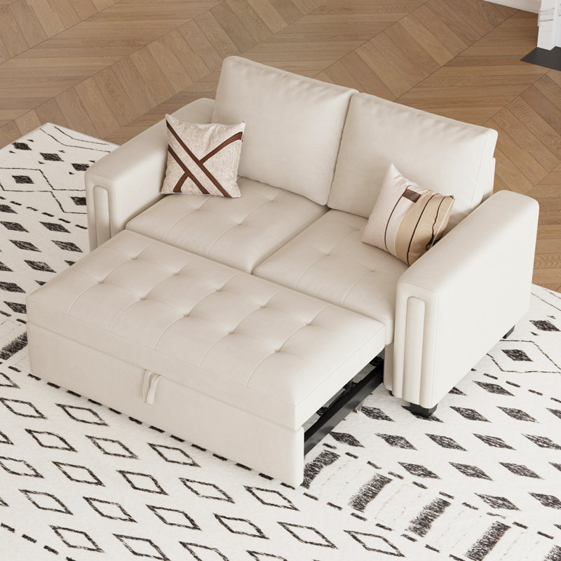 Shavera Velvet Modular Sectional Loveseat Sleeper Sofa With Pull Out Couch Bed For Living Room Apartment, Beige Velvet