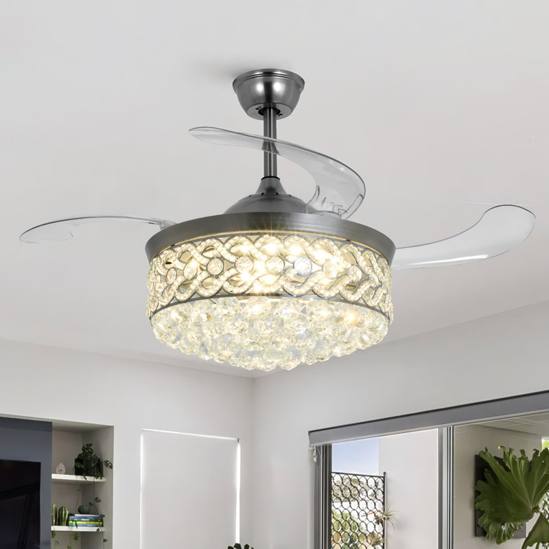 Ventilateur invisible en cristal 42 pouces à cœur argenté - avec télécommande / à intensité variable / à vitesse variable - Convient pour le salon / îlot de cuisine / chambre à coucher et autres pièces diverses