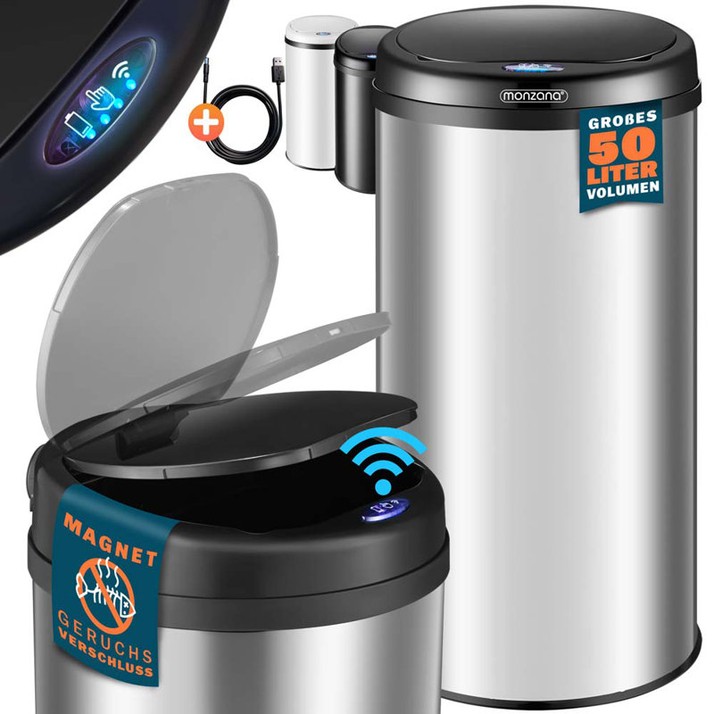 Stainless Steel Kitchen Trash Can, Silver/Black