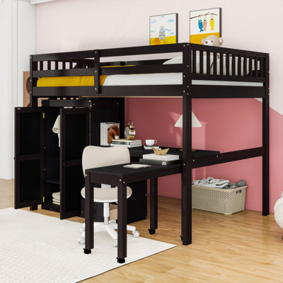 Wood Loft Bed With Built-In-Desk And Shelves