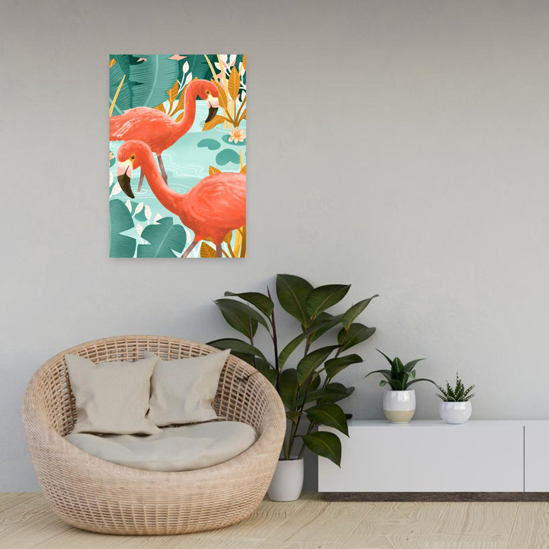 Art contemporain, paysage abstrait, oiseau, flamant, forêt, paysage, H 24 po x l 16 po