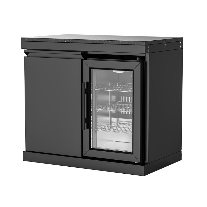 Armoire combinée de réfrigérateur d'extérieur en acier inoxydable noir avec comptoir en granit noir, porte de rangement, roues, 2,4 pi³ Pi. Capacité