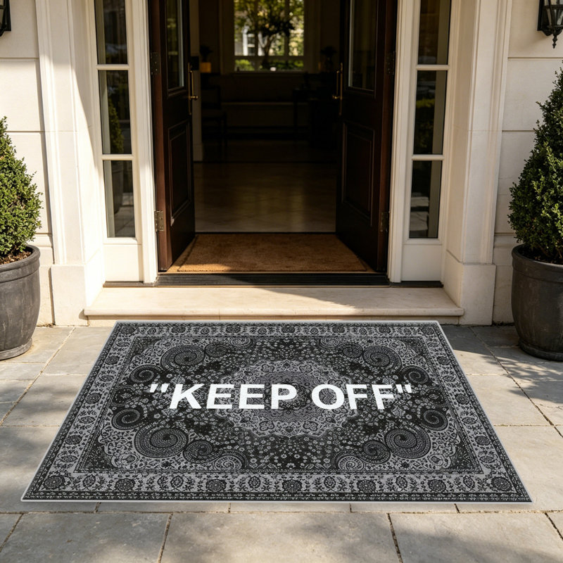 Black "KEEP OFF" Persian Style carpet-easy to clean, machine-washable, soft and comfortable; suitable for door mats, kitchens, living rooms, bedrooms, corridors, and laundry areas. Easy to clean, durable carpet for home decoration.