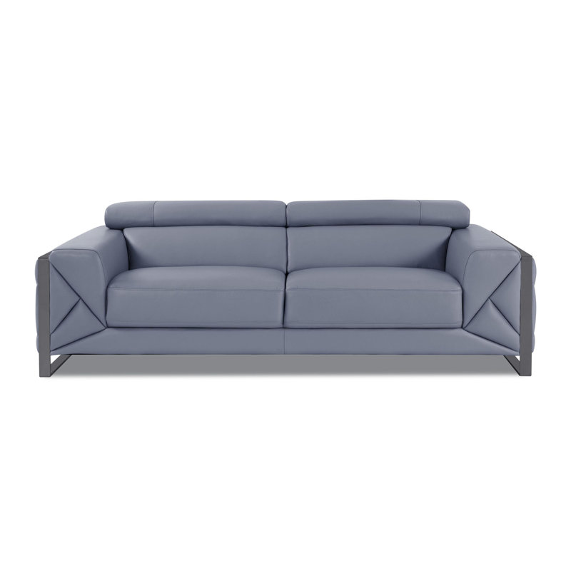 Light Blue Genuine Leather Sofa with Adjustable Headrests, Light Blue