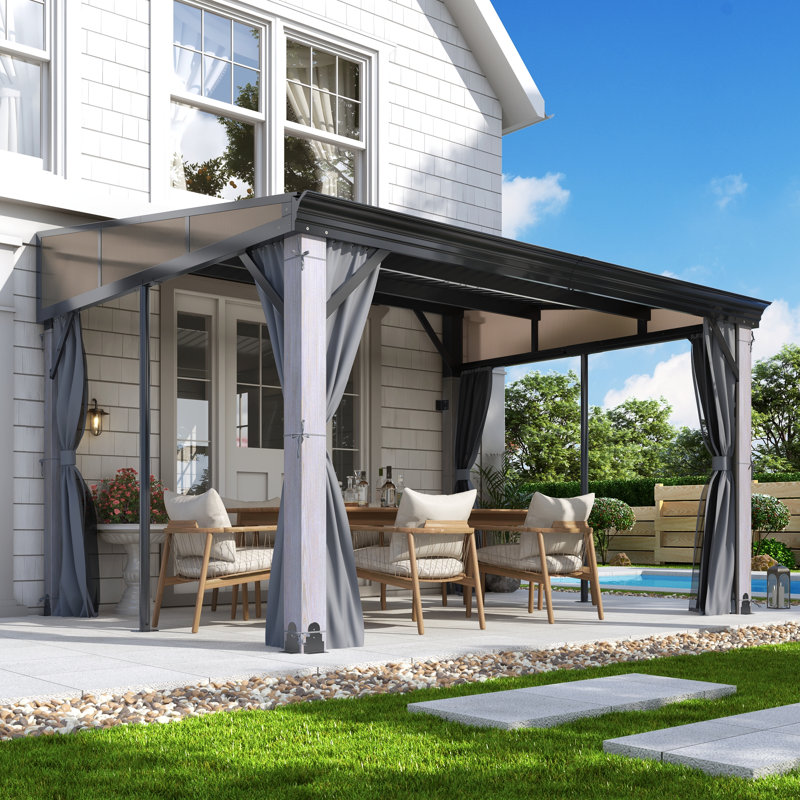 Pavillon de jardin mural en acier galvanisé à toit rigide de 12 pi x P 10 pi avec pavillon en bois robuste avec filet et rideaux