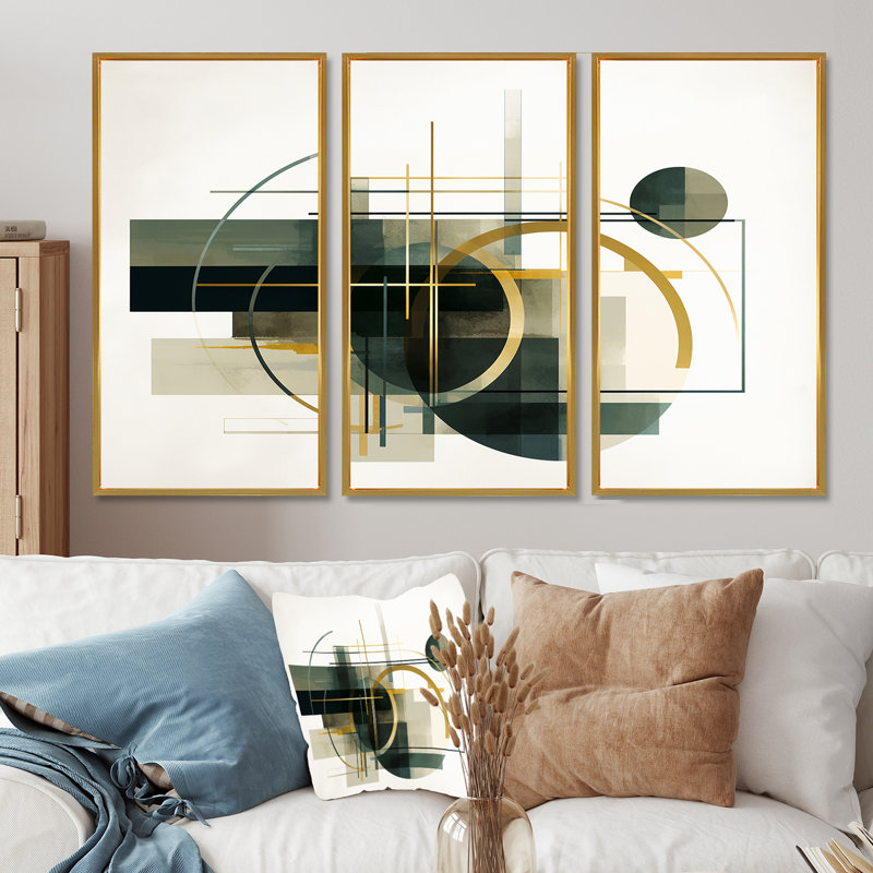 Ensemble de salon Emerald Gold Retro Geometrics - Minimalisme, Cadre flottant doré, 40" H x 60" W x 1" D