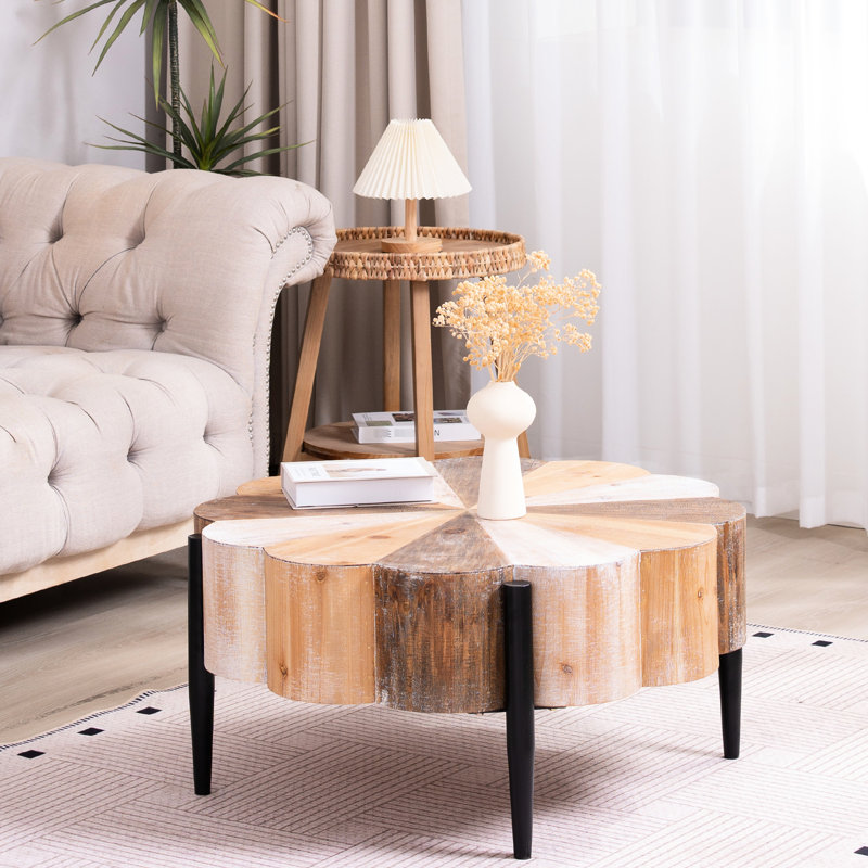 Table basse en bois manufacturé de 31,7 po de diamètre en forme de fleur avec pieds en métal, intérieur de style rétro pour le salon