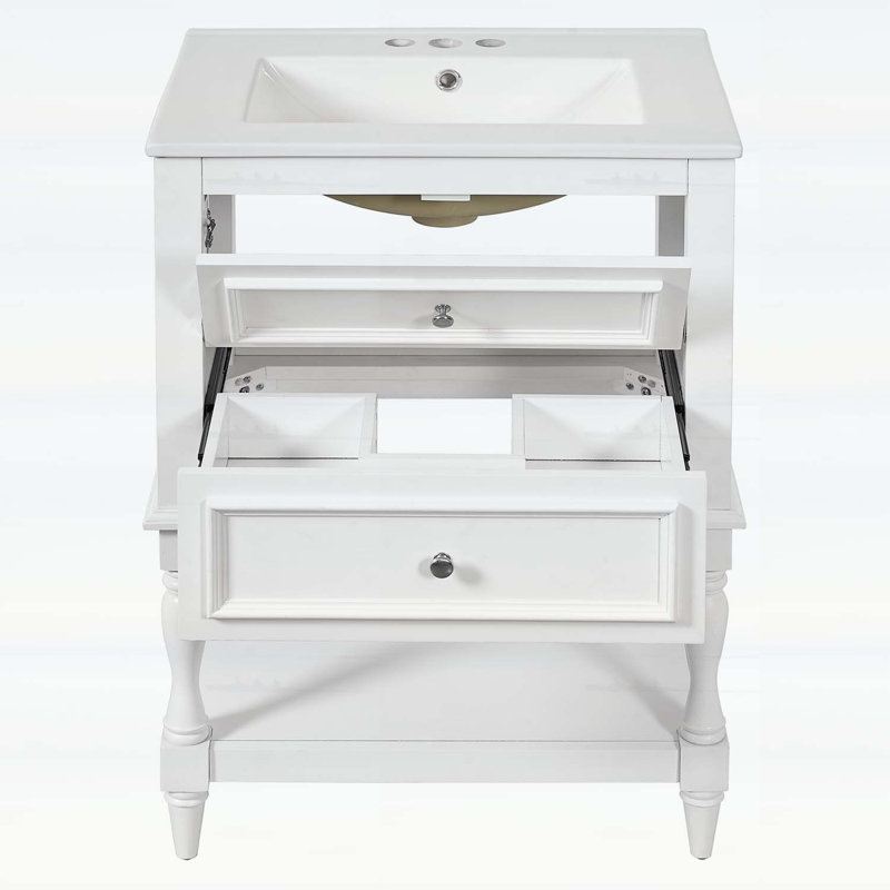 24 Inch Retro Design Bathroom Vanity with Ceramic Sink, White