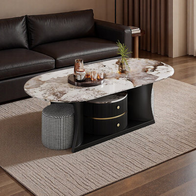 Table basse ovale haut de gamme avec tabourets