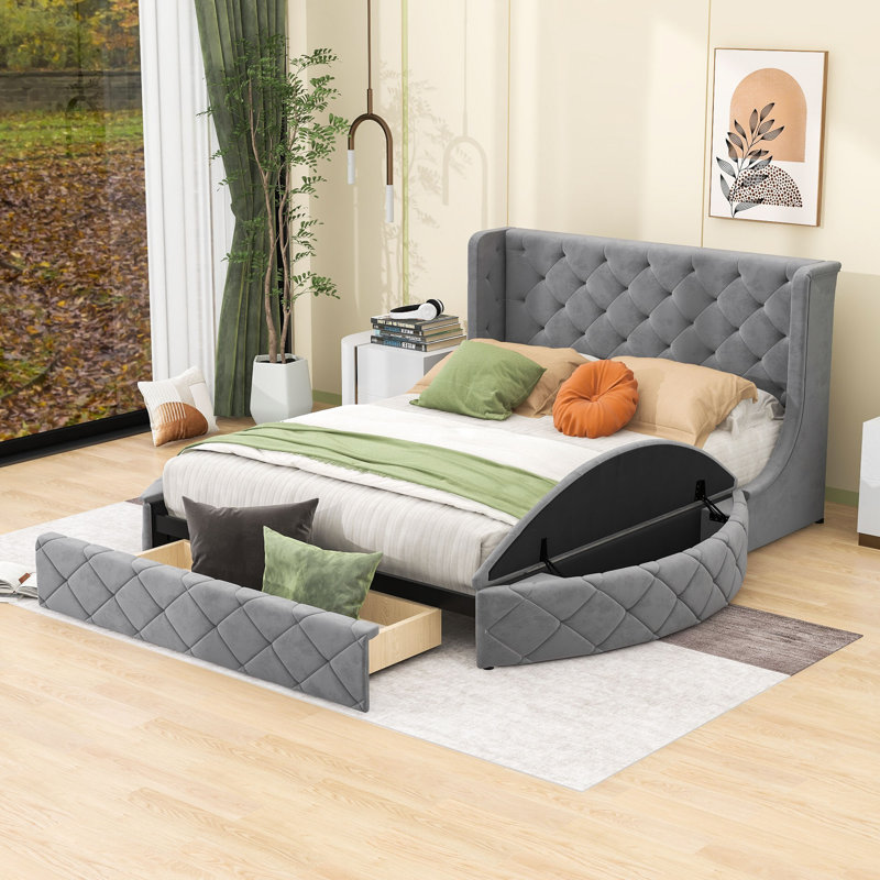 Hartaj Queen 1 Drawer Upholstered Platform Bed with Headboard, Gray