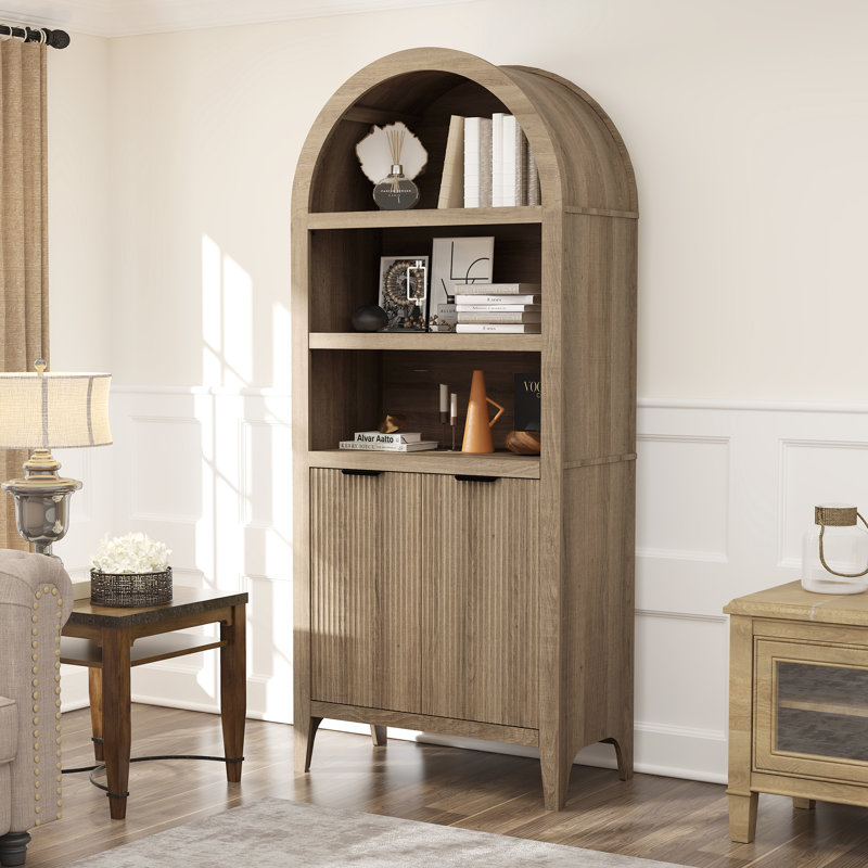 Shazier 5 Tiers 72" Arched with Fluted Doors Bookcase, Cabinet Floor Standing Bookshelf, Oak