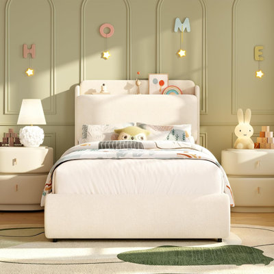 Structure de lit simple avec tablette encastrée et tiroirs pour enfants - Beige | Lit plateforme en chenille avec tablette de tête de lit intégrée pour téléphone et livres. Dossier moelleux en forme de canapé, coins arrondis et doux pour la sécurité