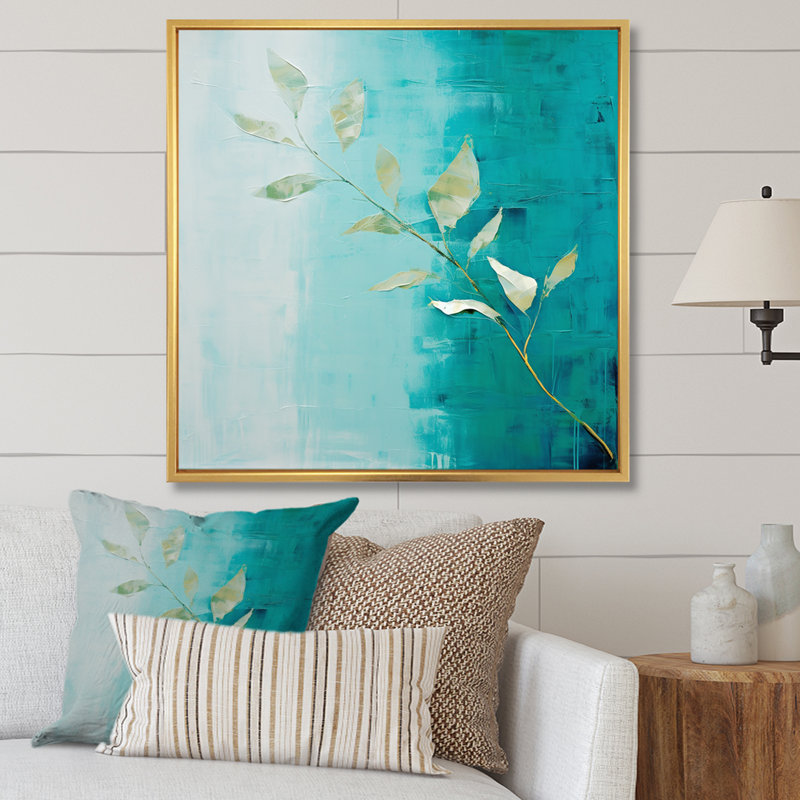 «Turquoise Abstract Leaf Harmony» sur impression sur toile, H 30 po x l 30 po x P 1 po, Cadre flottant doré