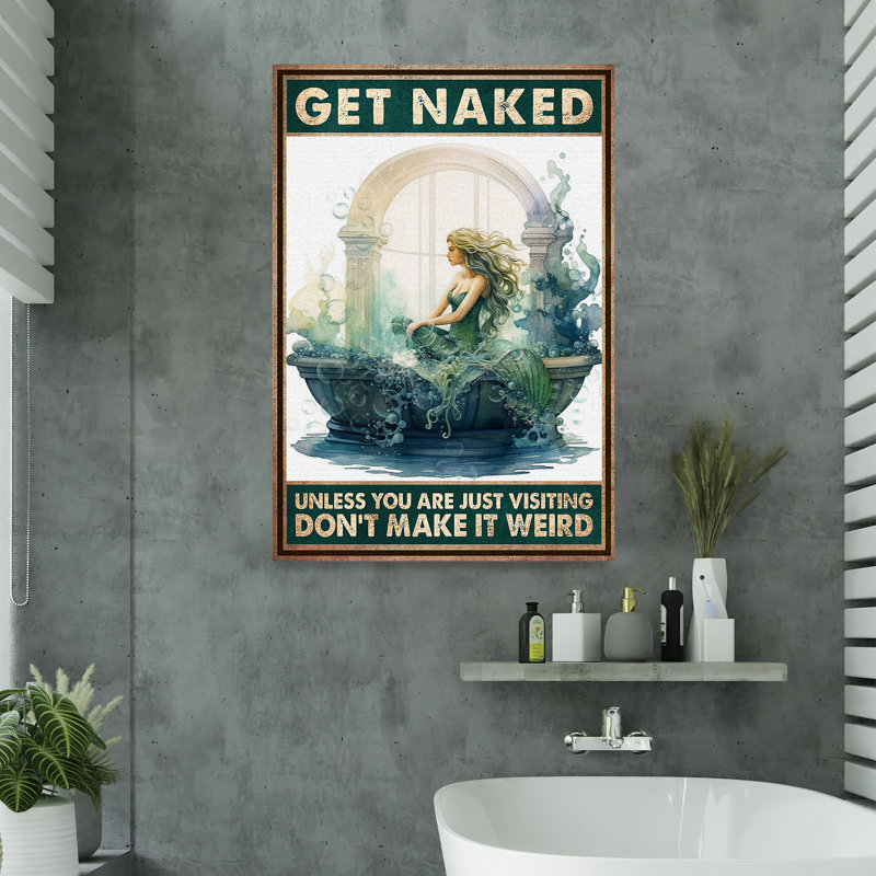«Mermaid With Her Garden In Bath» - Toile nue tendue avec châssis - décor de salle de bain et de lessive, décor de salle de bain vert et blanc