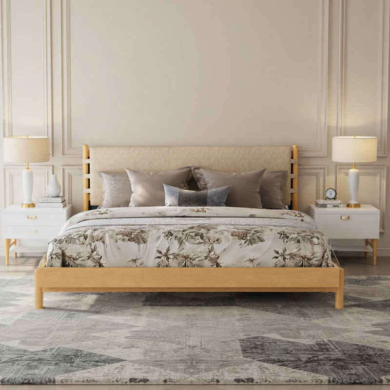 Mid Century Modern Bed Frame – Platform Bed with Headboard Included, King, Beige