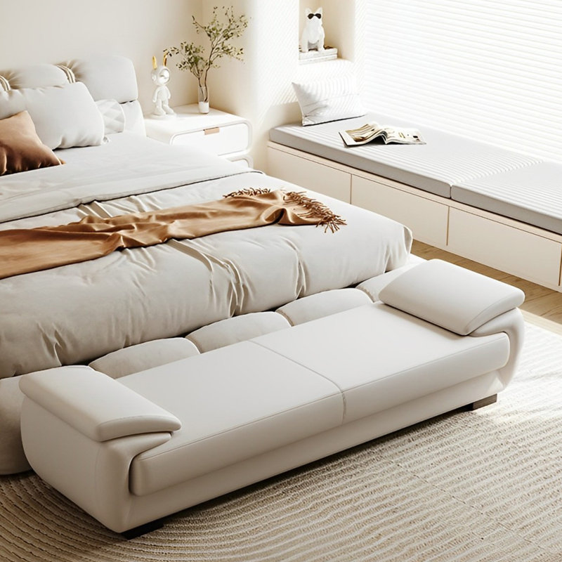 Minesha Genuine Leather Upholstered Bench, Cream, 21.65" H x 70.86" W x 15.74" D