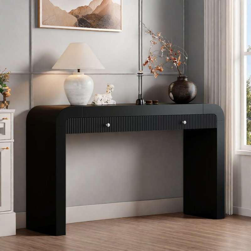 Console rustique avec 2 tiroirs, conception cannelée, coins courbés et pieds épais