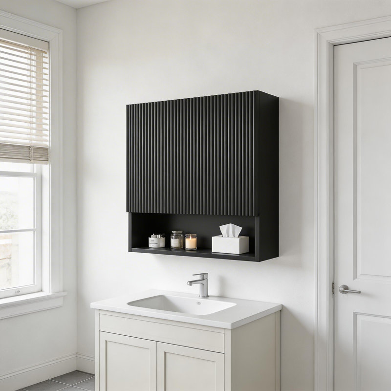 Armoire de salle de bain murale rayée 26 "avec porte, tablette et compartiment ouvert 26", Noir