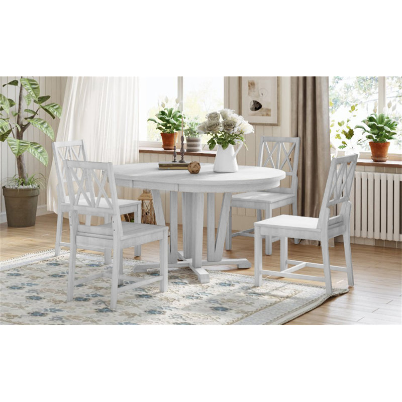 Rustic 5-Piece Extendable Dining Table Set Round Trestle Table And 4 Cross Back Dining Chairs For Kitchen, White, Gray, Beige