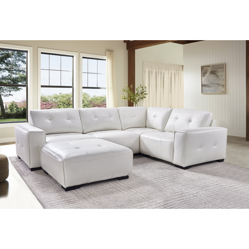 Modular Leather Sectional with Ottoman, Large 5 Seats Tufted Cushion, White Faux Leather