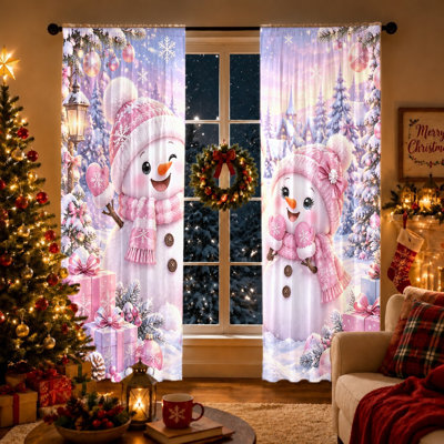2Pcs Winter Snowman Floral Curtains, Cute Cartoon Festive Christmas Scene Light Filtering Curtains For Living Room Bedroom Kitchen Window Drapes