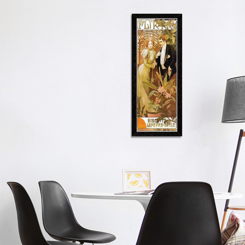 Flirt' Biscuits By Lefevre-Utile 1899 by Alphonse Mucha - Panoramic Painting on Canvas, Black Framed, 30.48 cm H x 91.44 cm W